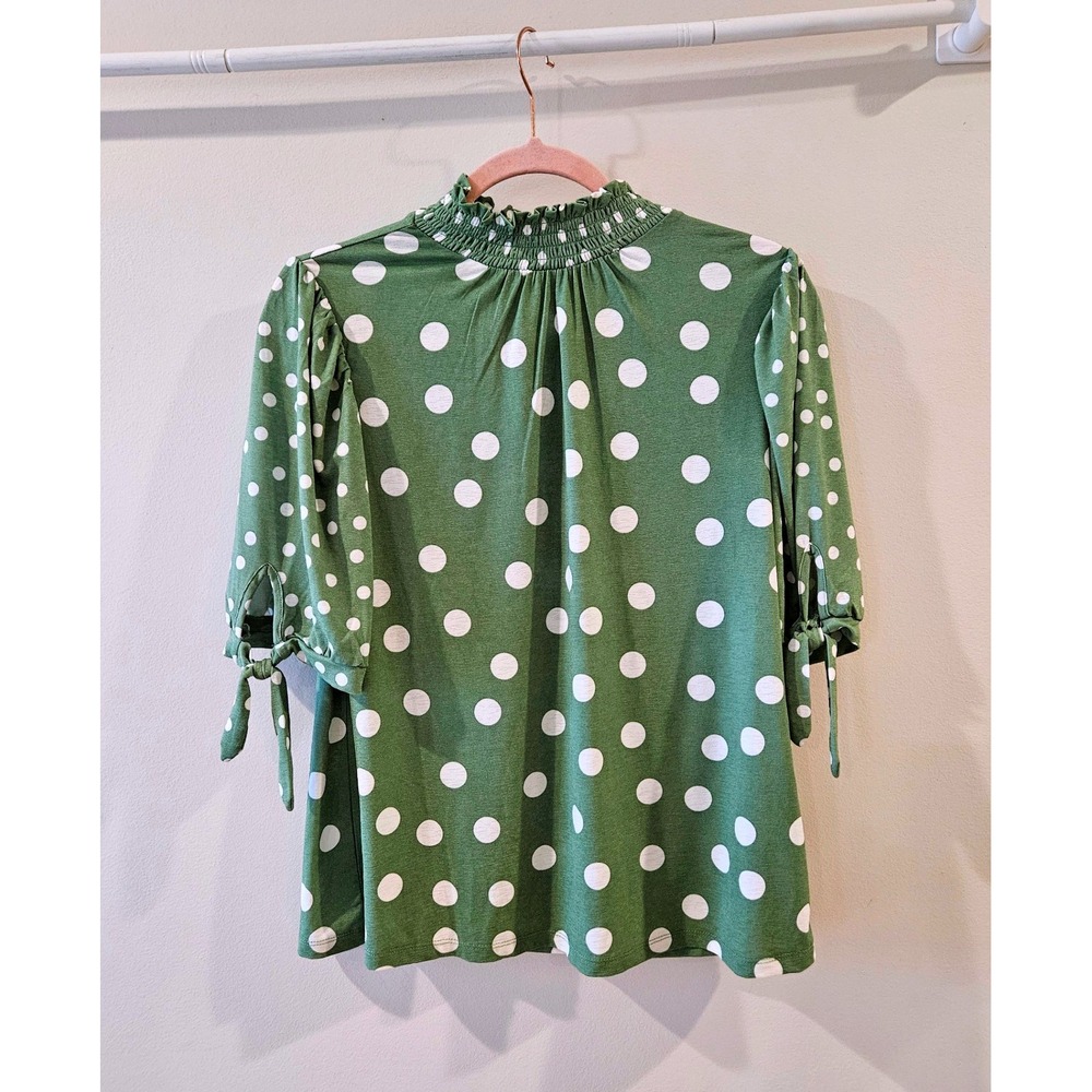 Cato Green Polka Dot Smocked Mock Neck Tie Sleeve Blouse Top Small